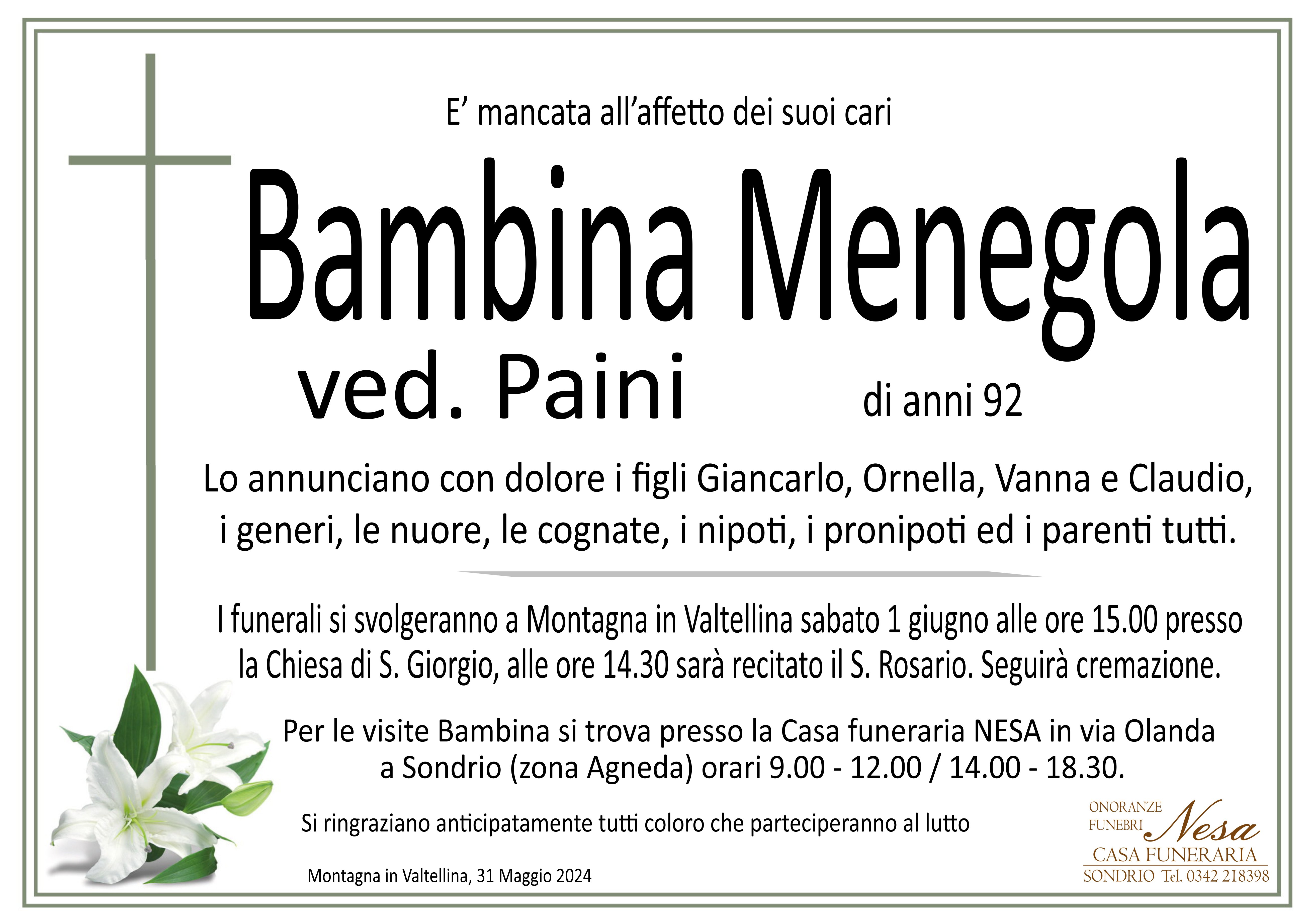 Necrologio Bambina Menegola ved. Paini